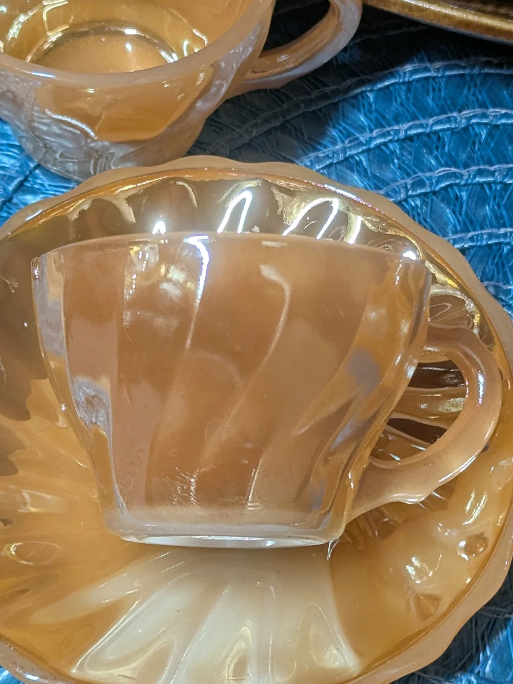 Vintage Peach Luster Glass Cup and Saucer Set - Vibrant Orange Home Dining